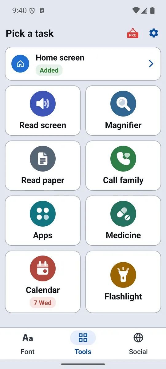 Big Font tools screen