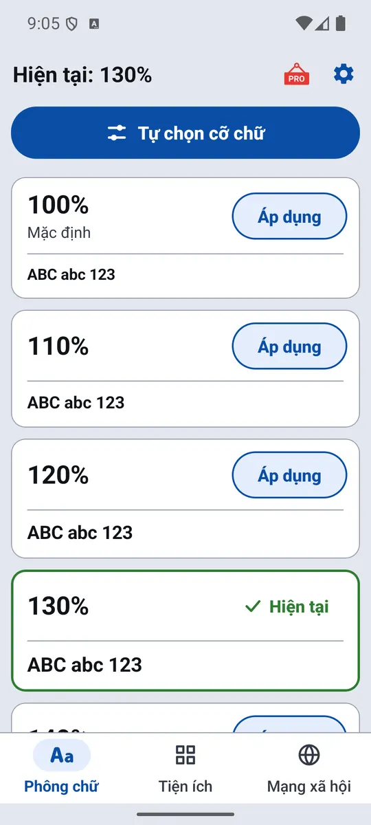 Các cỡ chữ trong Big Font